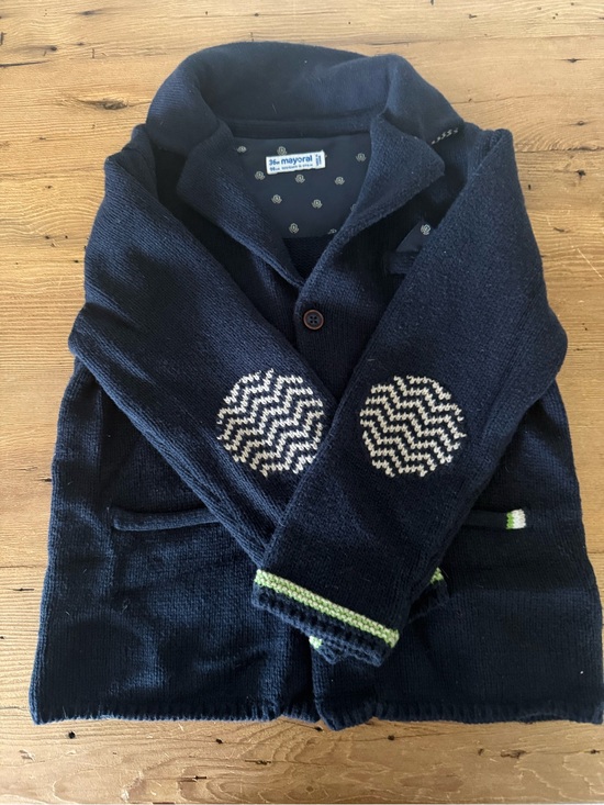 Mayoral Other - Mayoral Navy Knit Cardigan Blazer with White Elbow Patches and Green Trim